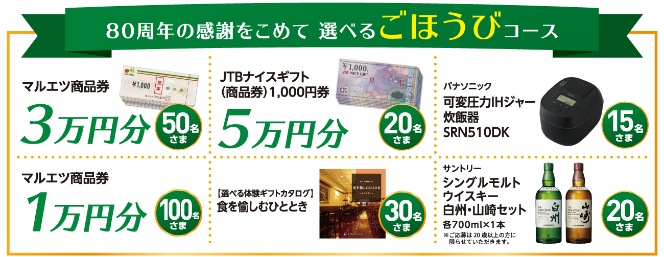 80周年の感謝をこめて　選べるごほうびコース。マルエツ商品券 3万円分：50名様。JTBナイスギフト（商品券）1,000円券 5万円分：20名様。パナソニック可変圧力IHジャー炊飯器 SRN510DK：15名様。マルエツ商品券 1万円分：100名様。【選べる体験ギフトカタログ】食を愉しむひととき：30名様。サントリー シングルモルトウイスキー白州·山崎セット各700ml×1本：20名様。