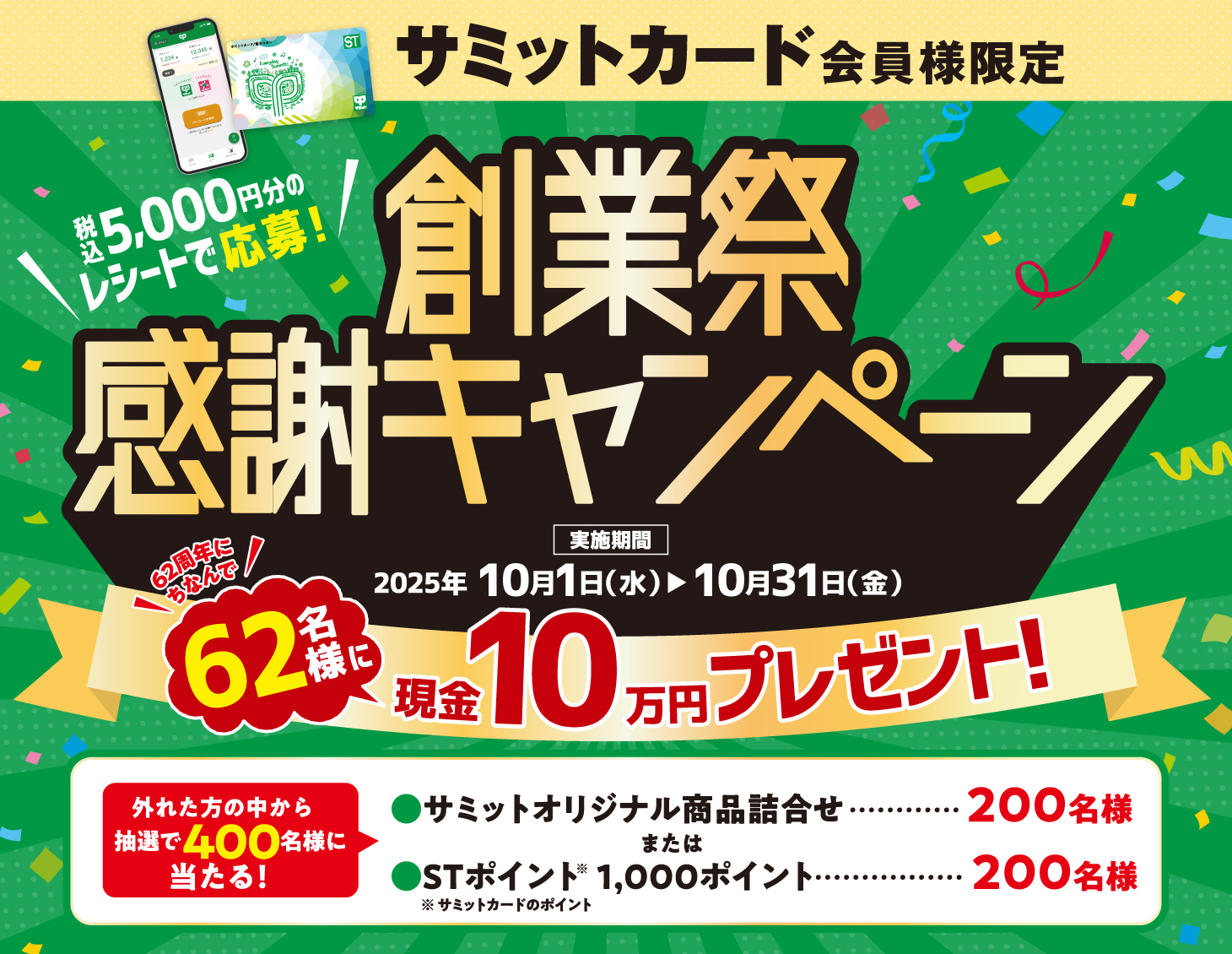 電子マネー機能付サミットカード会員様限定。5,000円分のレシートで当たる！創業祭 感謝キャンペーン。実施期間：2025年10月1日(水)▶10月31日(金)。特賞、現金10万円プレゼント！創業62年にちなんで当選人数62名様。特賞に外れても抽選で300名様にWチャンス。
1等サミットオリジナル商品詰合せ200名様。2等STポイント1,000ポイント200名様